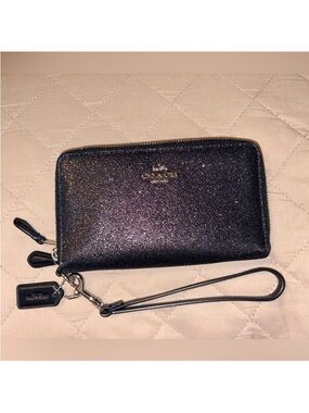 COACH Double Zip Wallet Wristlet in Black Glitter Resined Canvas - LIKE NEW